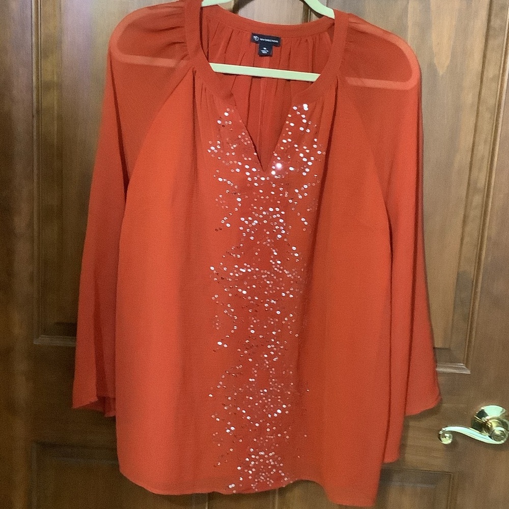 New Directions Orange Blouse with Sequin Accents